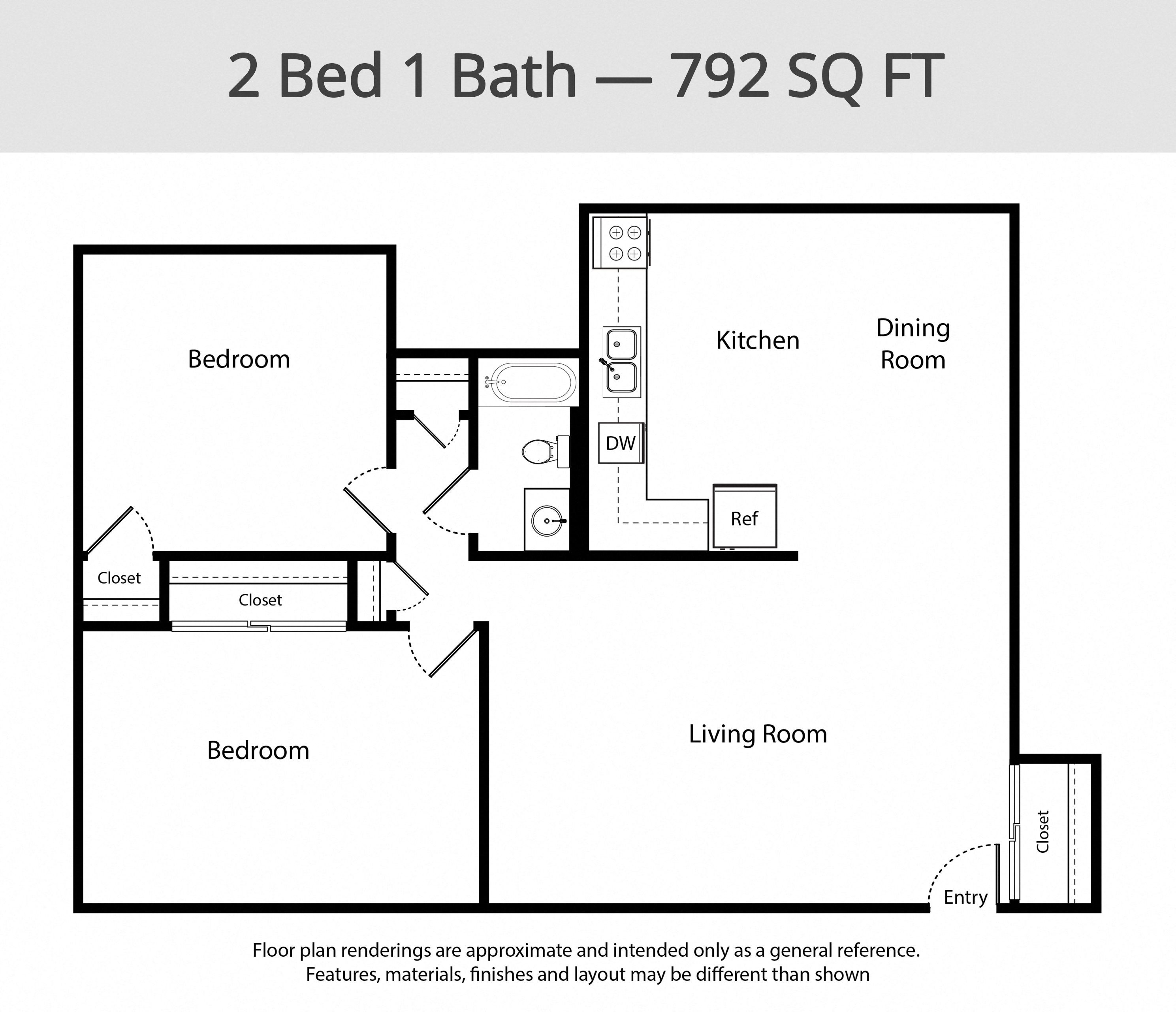 Floor plan for 2 beds, 1 bath, 792 sqft